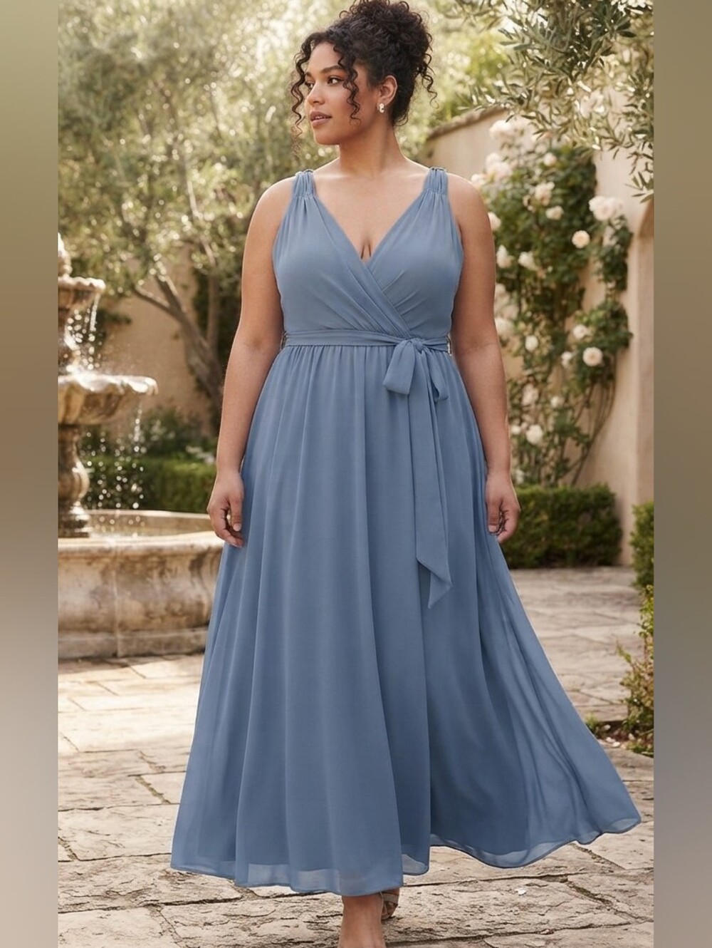 Joanna August 'Parker' Twist Strap Chiffon Wrap Gown Dusty Blue XXL EUC